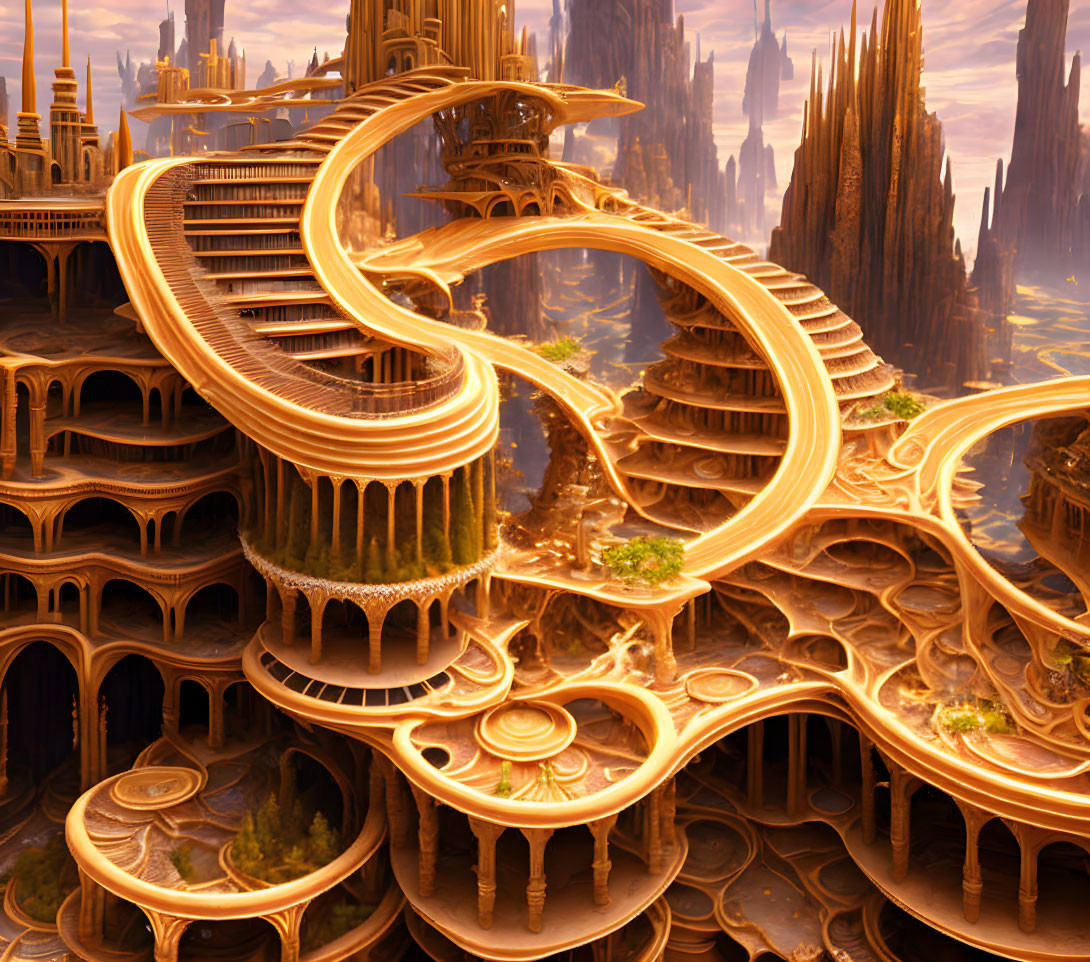 Golden cityscape with swirling architecture and lush greenery