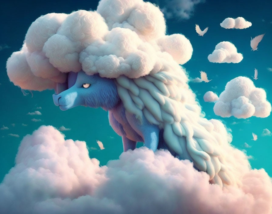 Blue bear with fluffy mane walking among clouds and birds in surreal scene