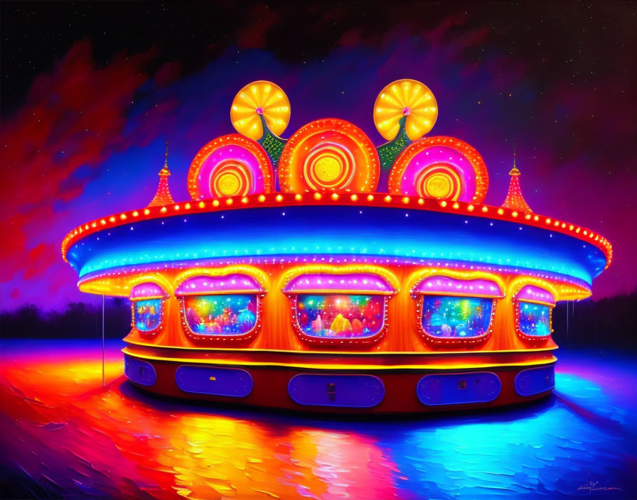 Colorful Nighttime Merry-Go-Round Painting with Neon Lights