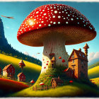 Fantastical landscape featuring oversized red-capped mushrooms, white spots, housing structures, green hills,