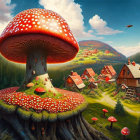 Giant red mushroom and flying bees in whimsical landscape