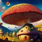 Fantasy landscape with oversized mushroom houses and whimsical sky.