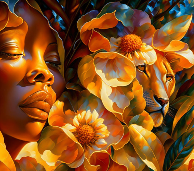 Close-up dual portrait of woman and lion surrounded by orange flowers