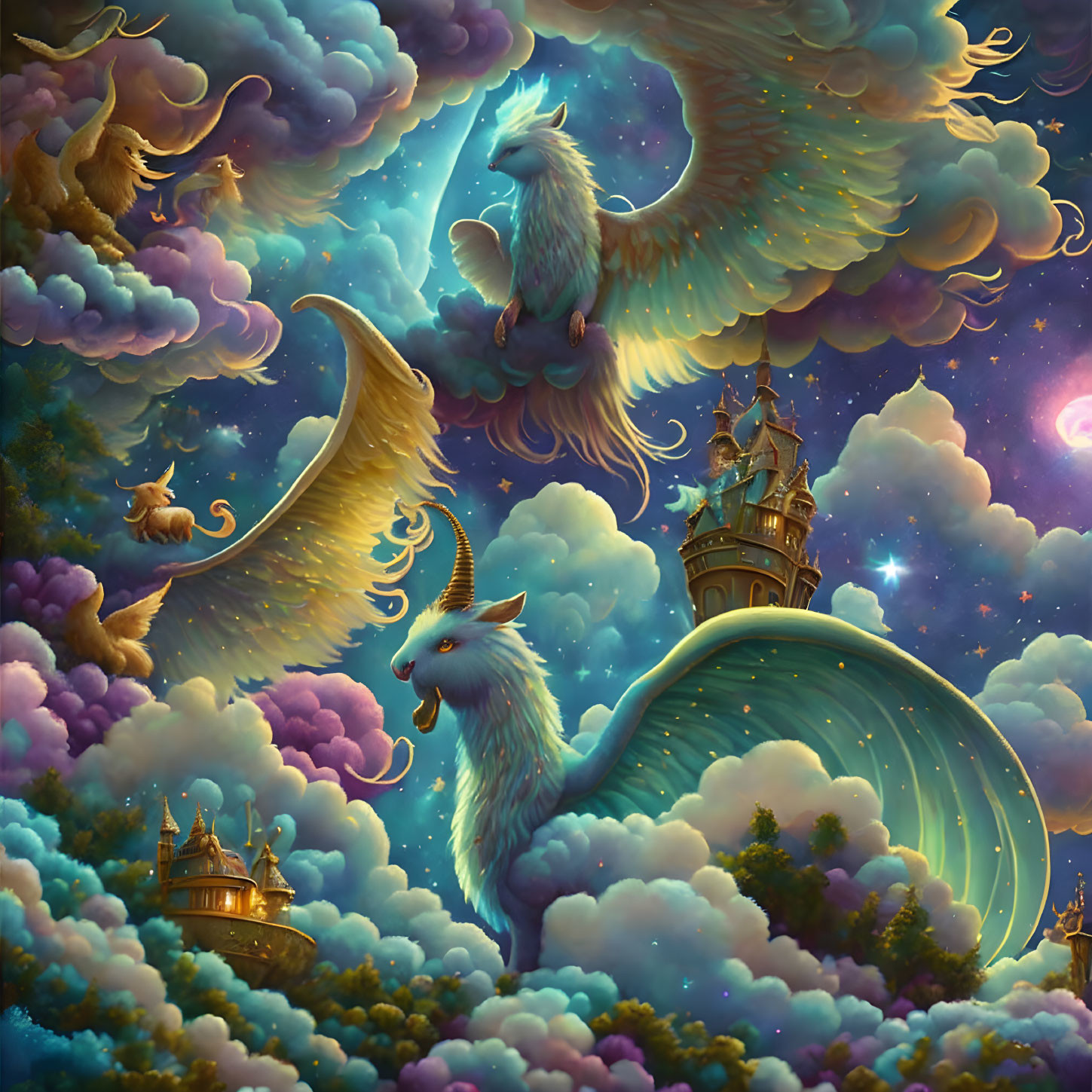 Vibrant clouds, blue dragon, flying cats, castles on fluffy clouds under starlit sky