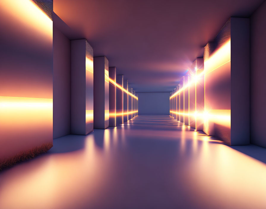 Symmetrical columns in illuminated 3D rendered corridor