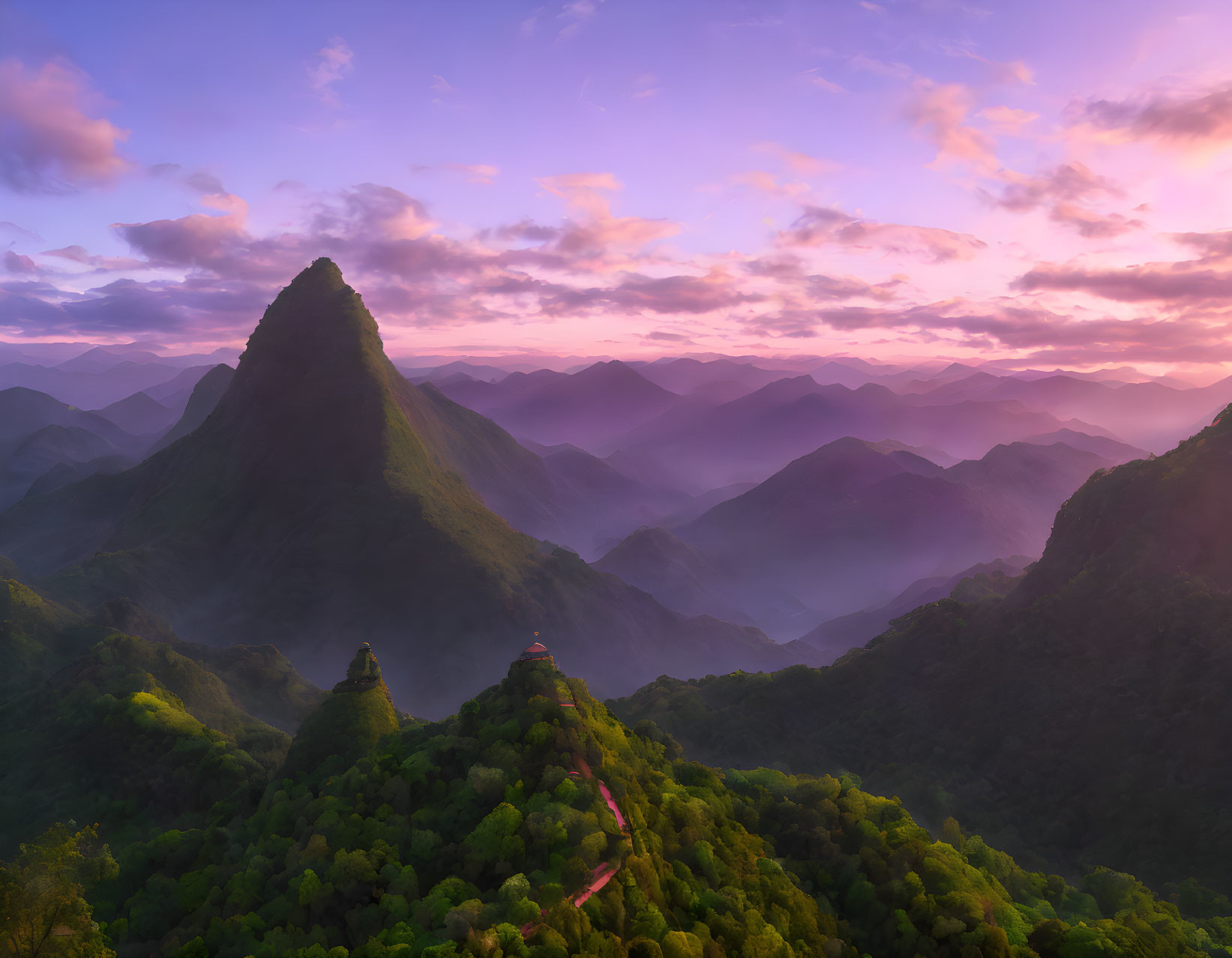 Serene sunrise over misty mountains with vibrant skies and winding path through lush greenery.