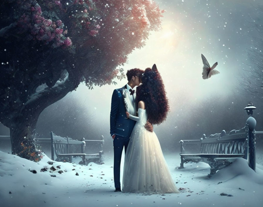 Wedding couple embraces under blossoming tree in snowy landscape