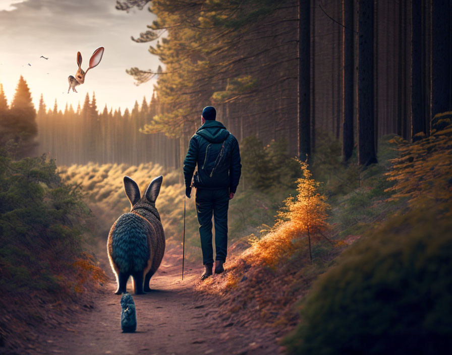 Hiker with Giant and Small Rabbits on Forest Path