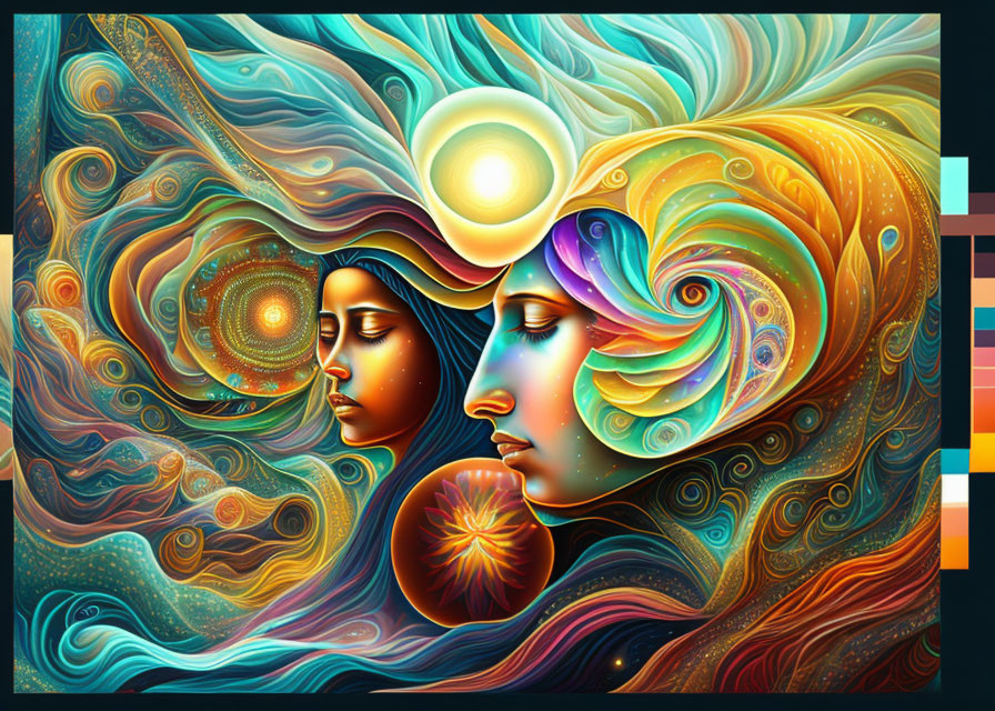 Colorful digital artwork: two faces with cosmic patterns integrated.