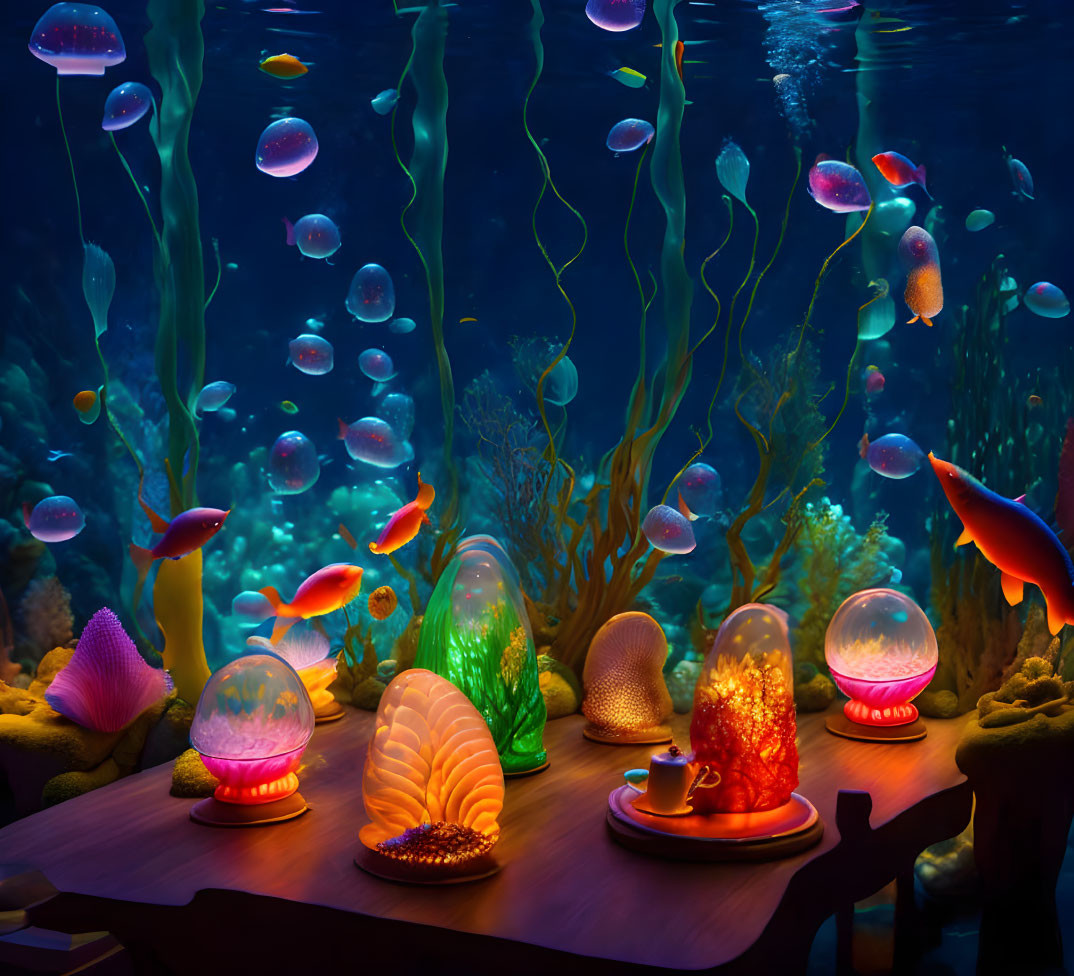 Colorful Underwater Scene with Jellyfish Lamps, Fish, and Sea Plants