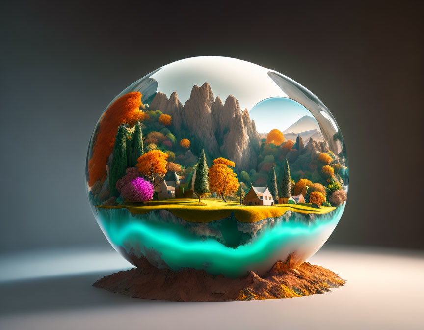 Miniature landscape with mountains, trees, and houses in transparent sphere