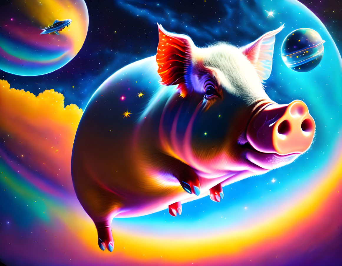 Colorful Flying Pig with Wings in Cosmic Space Scene