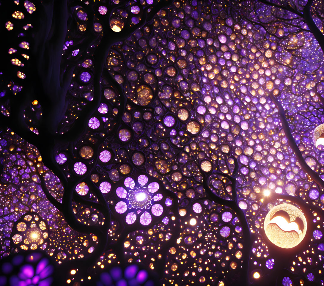 Purple-lit whimsical scene with glowing circular patterns and tree silhouettes