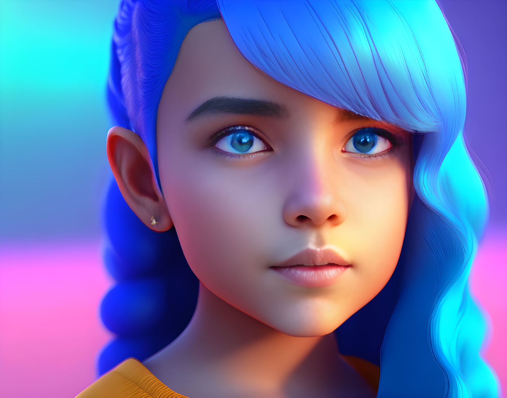 Portrait of a girl with blue hair and eyes on gradient blue-pink background