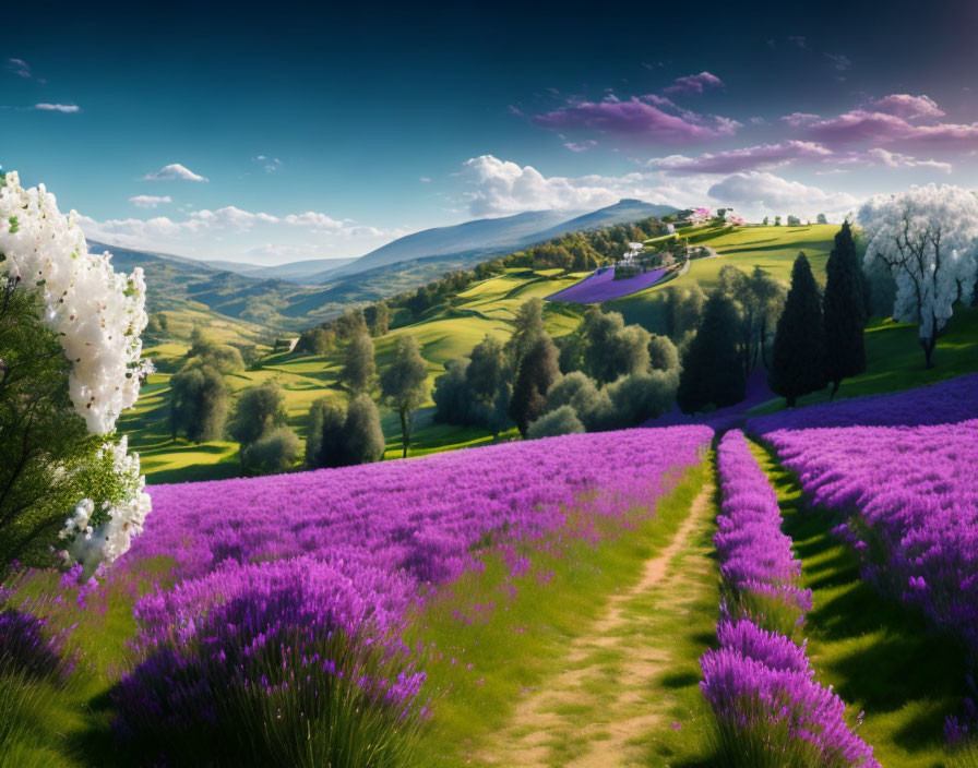 Colorful landscape with purple flowers, green hills, and blue sky