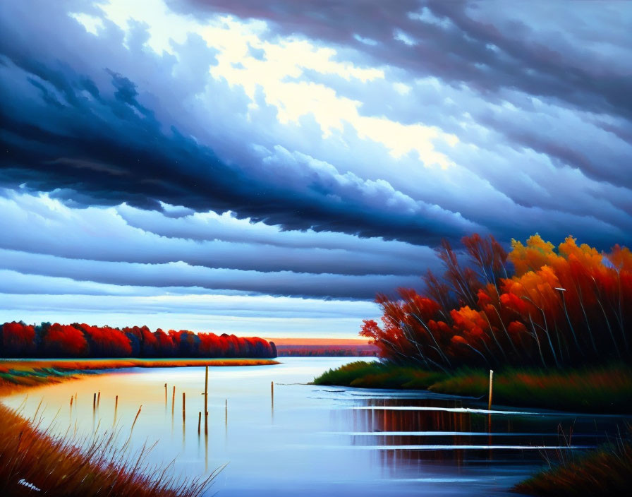 Tranquil river landscape with autumn trees and dramatic sky