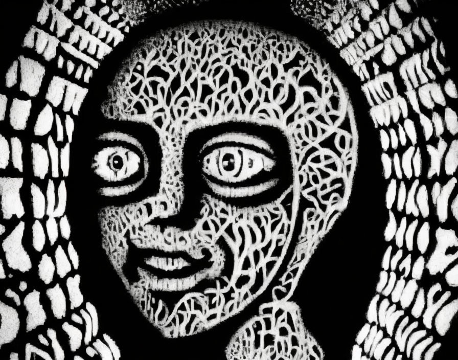 Monochromatic intricate face artwork with patterned textures and wide eyes