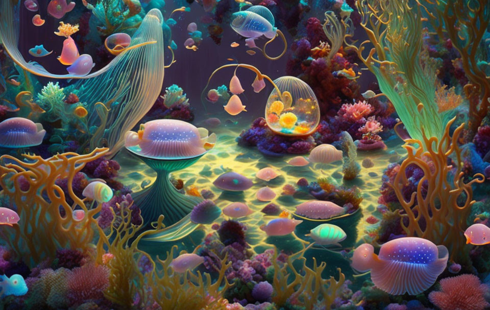 Colorful Underwater Scene with Jellyfish-like Creatures & Coral formations