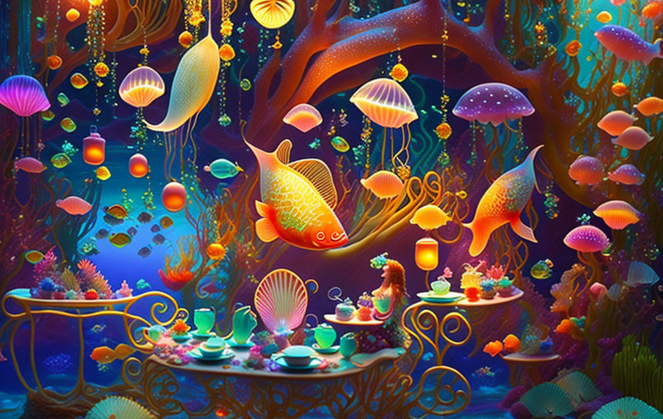 Colorful Underwater Scene with Fish, Jellyfish, Coral, and Tea Party Character