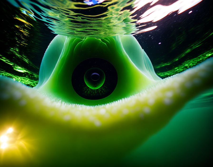 Green lime slice on vinyl record underwater: abstract vibrant colors and ripples.