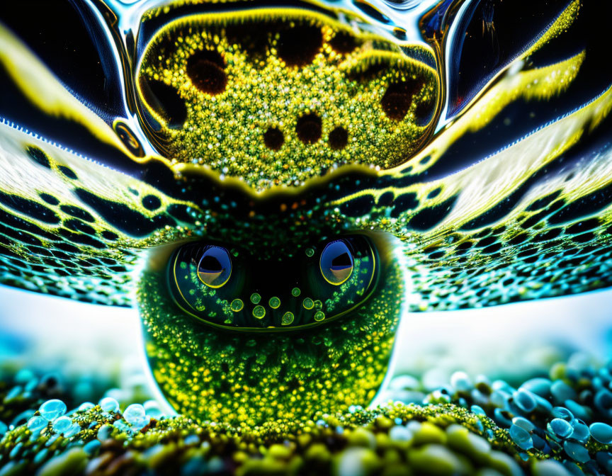 Colorful abstract frog face with large eyes and vibrant textures.