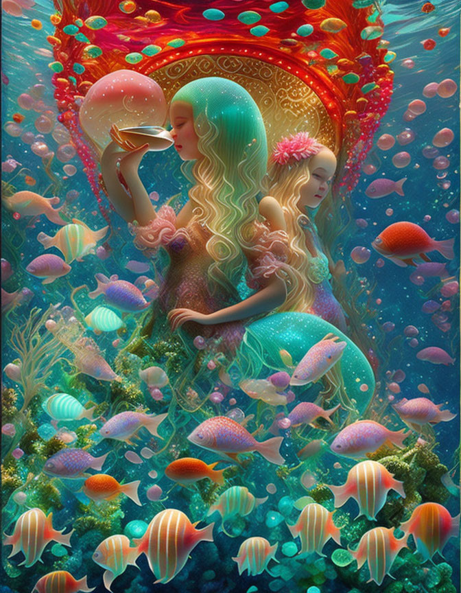 Ethereal mermaids surrounded by colorful marine life underwater