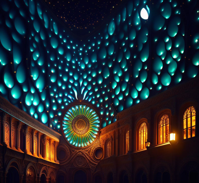 Nighttime art installation featuring illuminated arches and intricate facade under blue-glowing, peacock feather