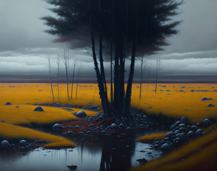 Surreal landscape with dark trees, reflective water, golden field, rocks, moody sky