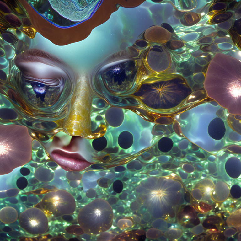 Surreal image: face in liquid with bubbles & orbs