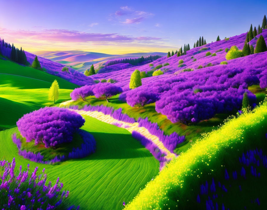 Scenic view of lush green and purple hills under clear blue sky