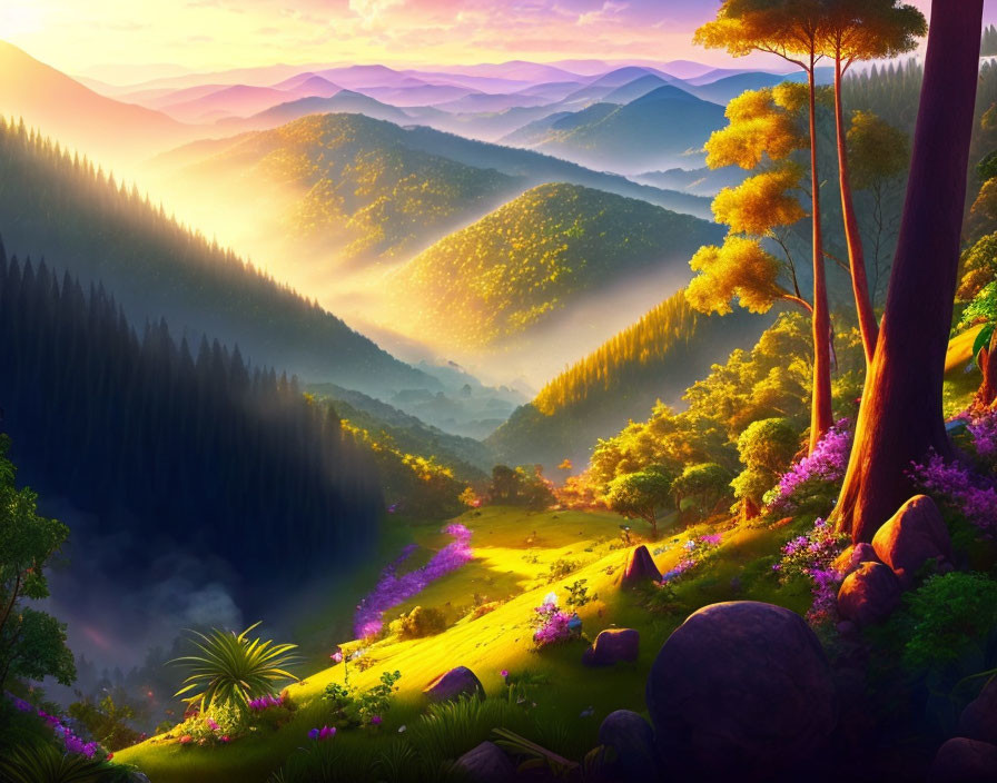 Scenic sunrise landscape with sun rays, mountains, and misty horizon