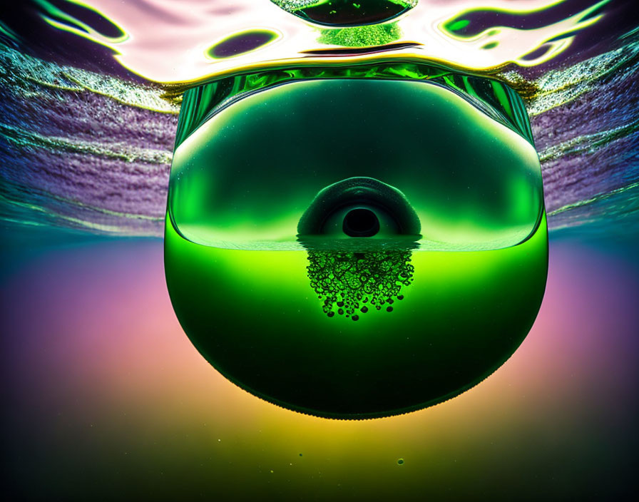 Green and Purple Abstract Sphere with Reflective Surface and Bubble-like Textures