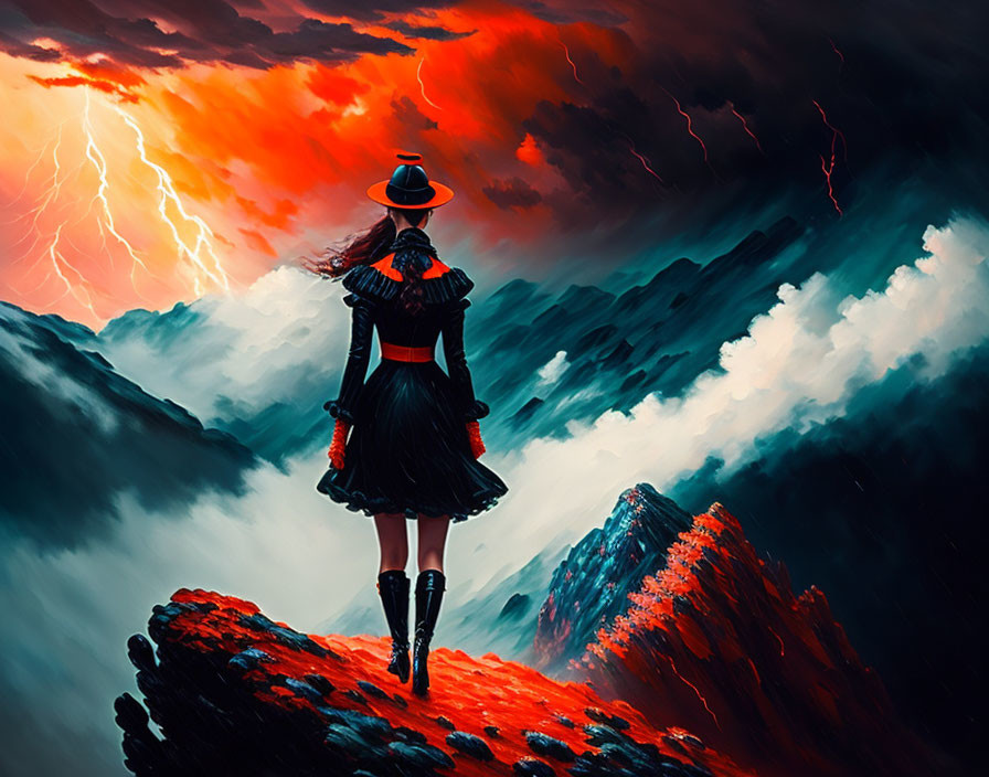 Woman in black dress on cliff under stormy sky with lightning bolts