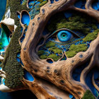 Surreal human-tree-moss-eye fusion against blue background