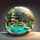 Miniature landscape with mountains, trees, and houses in transparent sphere