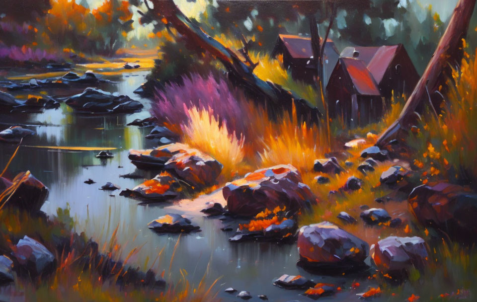 Tranquil countryside scene with stream, autumn trees, and houses