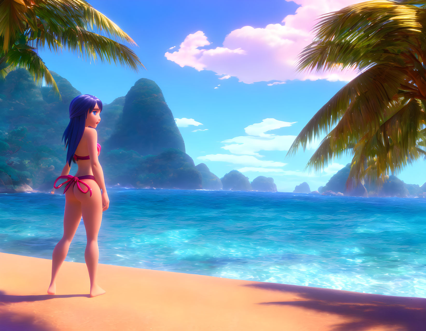 Blue-haired female character in red swimsuit on beach with palm trees, gazing at ocean under clear