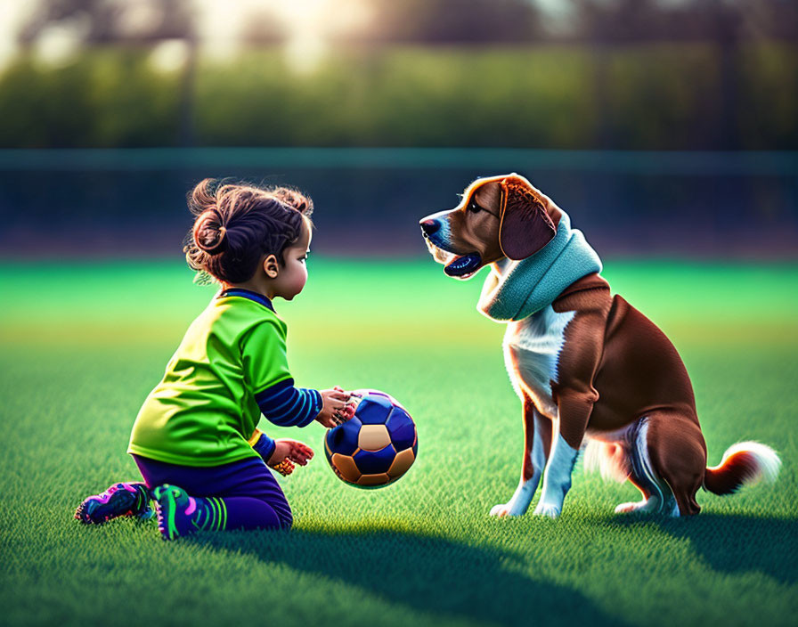 Child and dog on grassy field with soccer ball