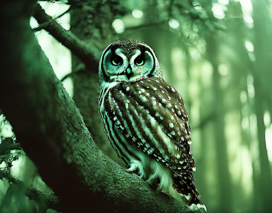 Owl perched on tree branch with intense gaze