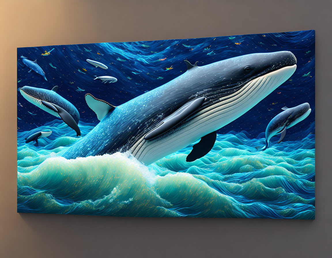 Colorful Blue Whale and Fish Artwork on Canvas