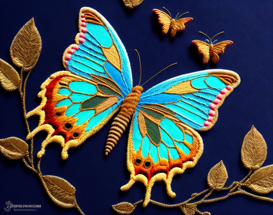 Colorful Butterfly Embroidery on Dark Blue Fabric