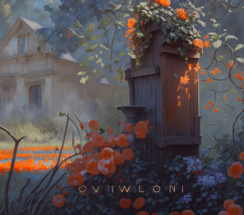 Wooden door framed by orange flowers and greenery, mysterious building in background