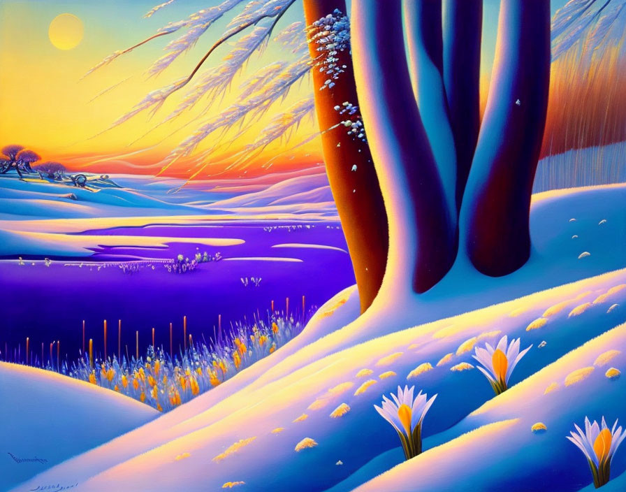 Winter landscape painting: snow-covered hills, colorful sky, bare trees, crocuses, sunset