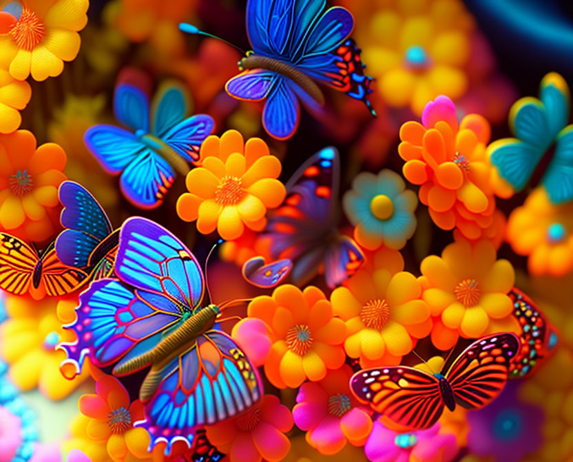 Colorful Scene: Blue Butterflies and Bright Flowers