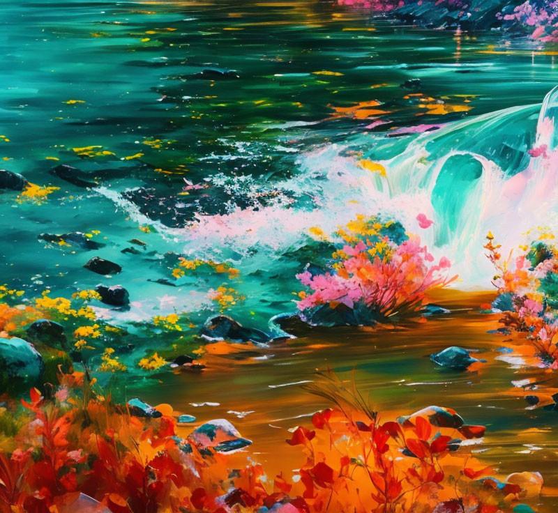 Colorful painting of small waterfall amid vibrant foliage and teal river