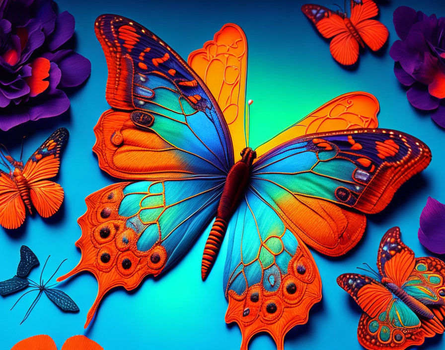 Colorful Butterfly and Flowers on Blue Gradient Background