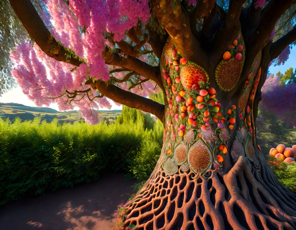 Whimsical tree with pink foliage and varied fruit under bright sky