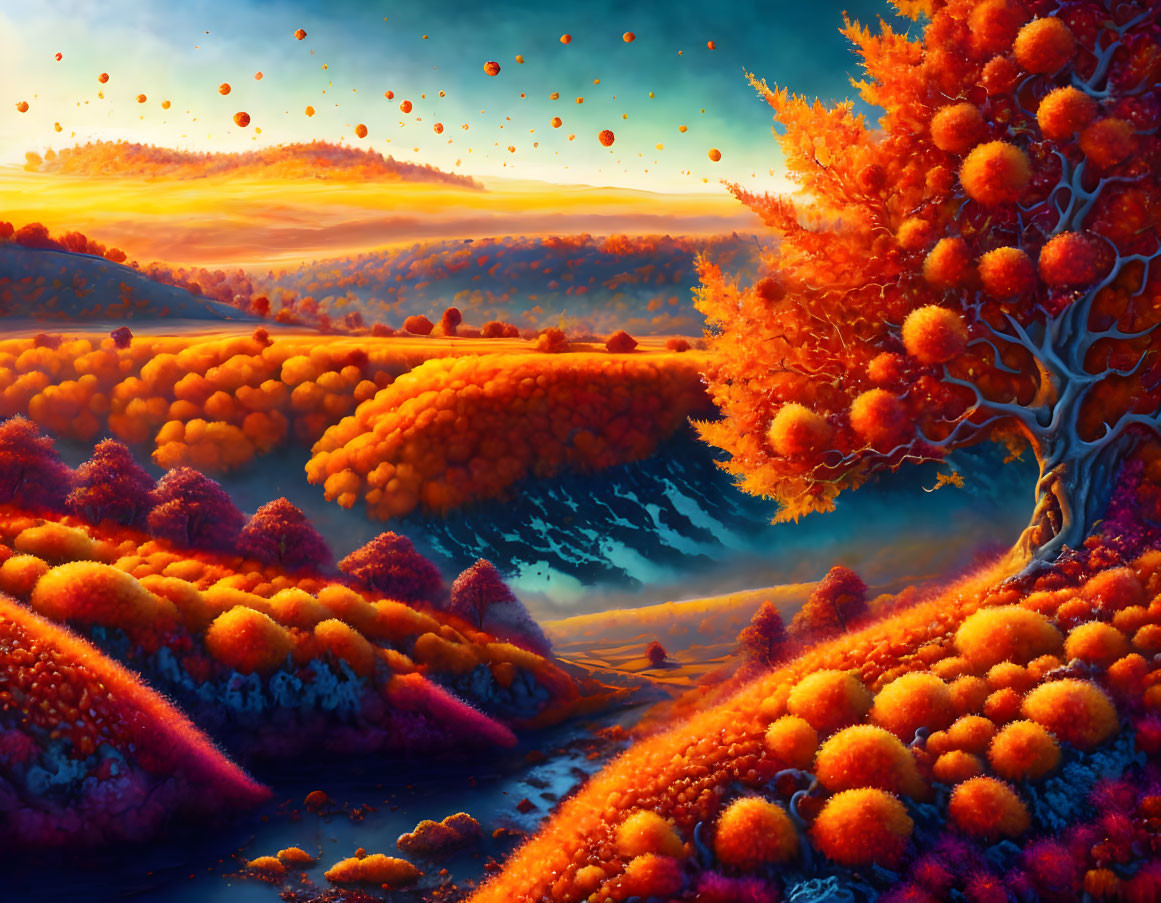 Colorful Autumn Landscape with Spherical Tree and River