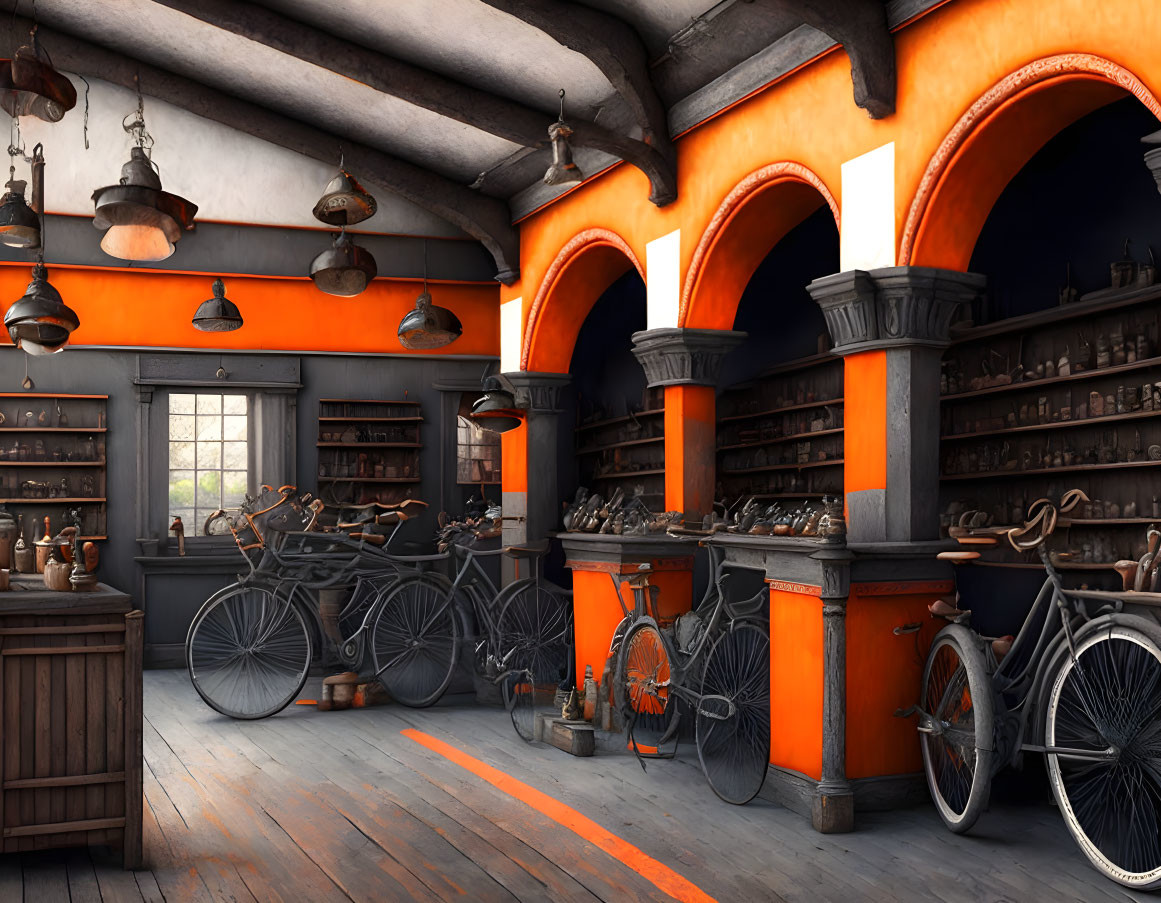 Vintage Bicycle Shop with Orange Arches and Hanging Lanterns