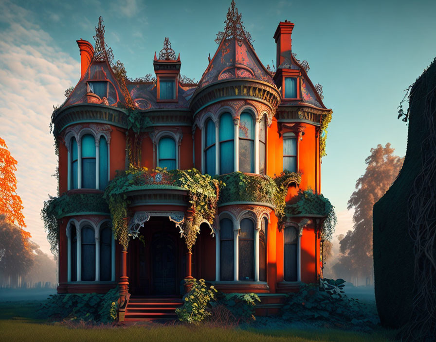 Victorian mansion with intricate details and ivy against forest backdrop